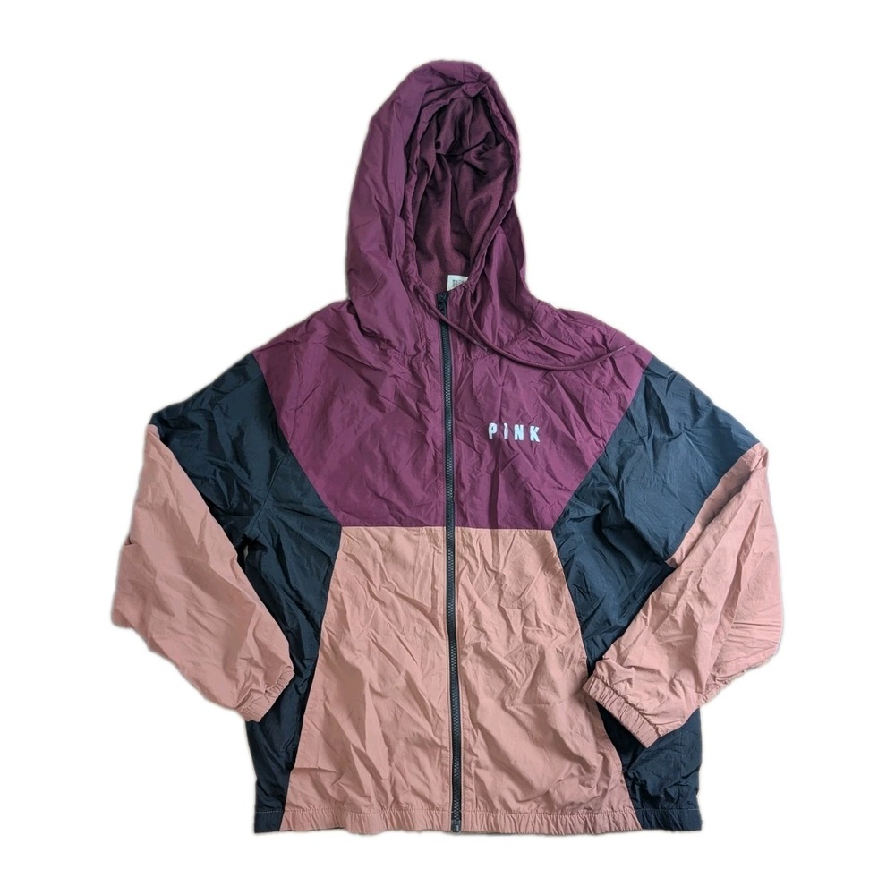 PINK Victoria's Secret Windbreaker Jacket Women's M/L Colorblock Hooded Full Zip